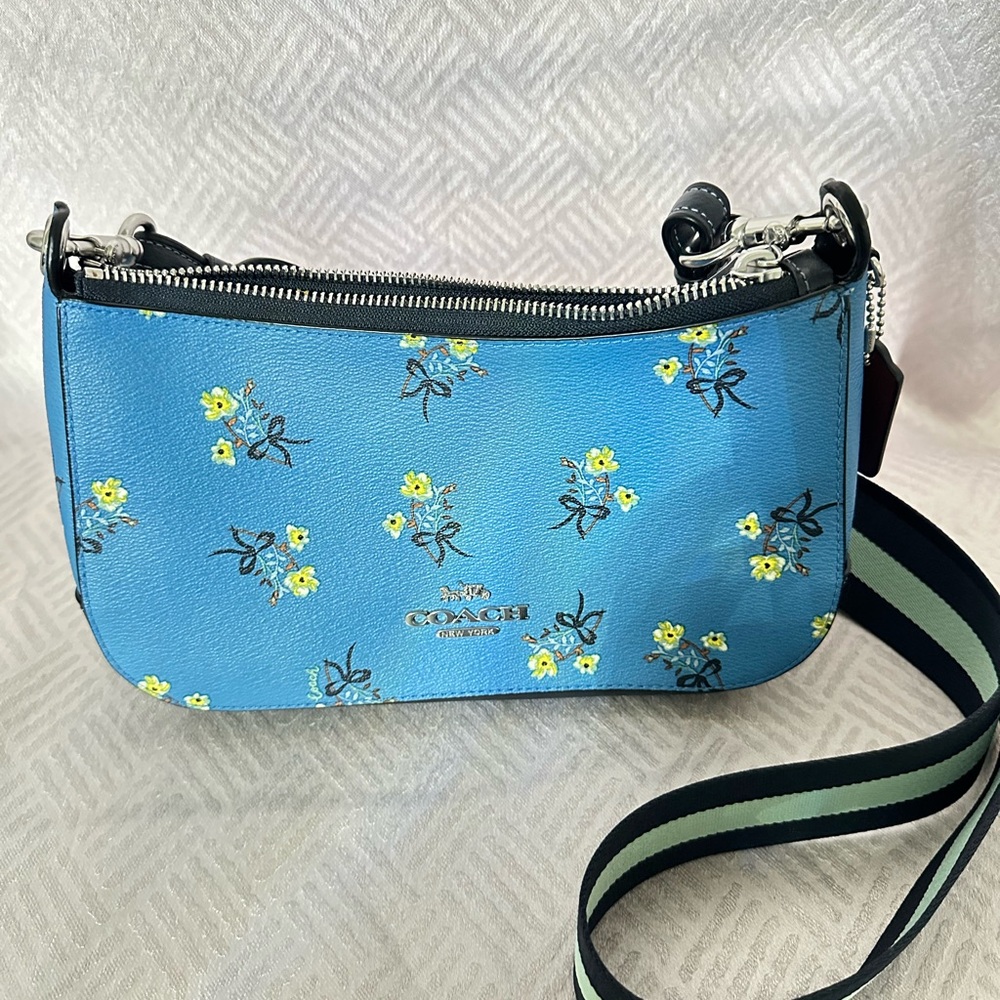 Coach Jes Baguette with Floral Bow Print Silver/Blue Multi Smooth Leather